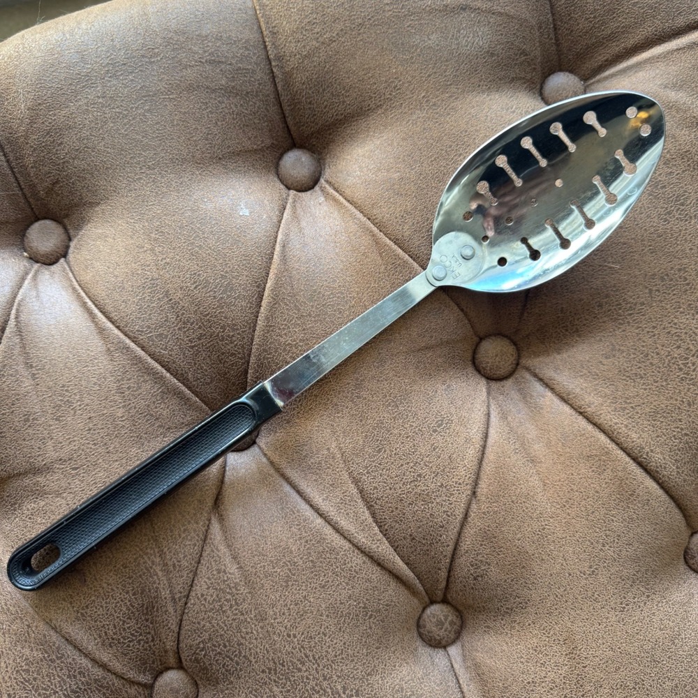 EKCO USA Vintage 60s Slotted Spoon Stainless Steel Black Plastic Handle 12 Inch‎